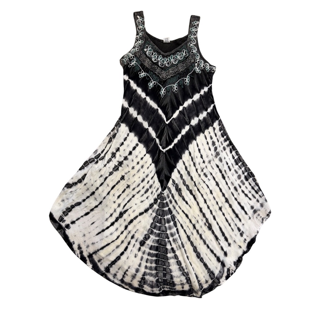Tie Dye Embroidered Boho Handkerchief Hem Dress Black White OS hippie whimsy y2k